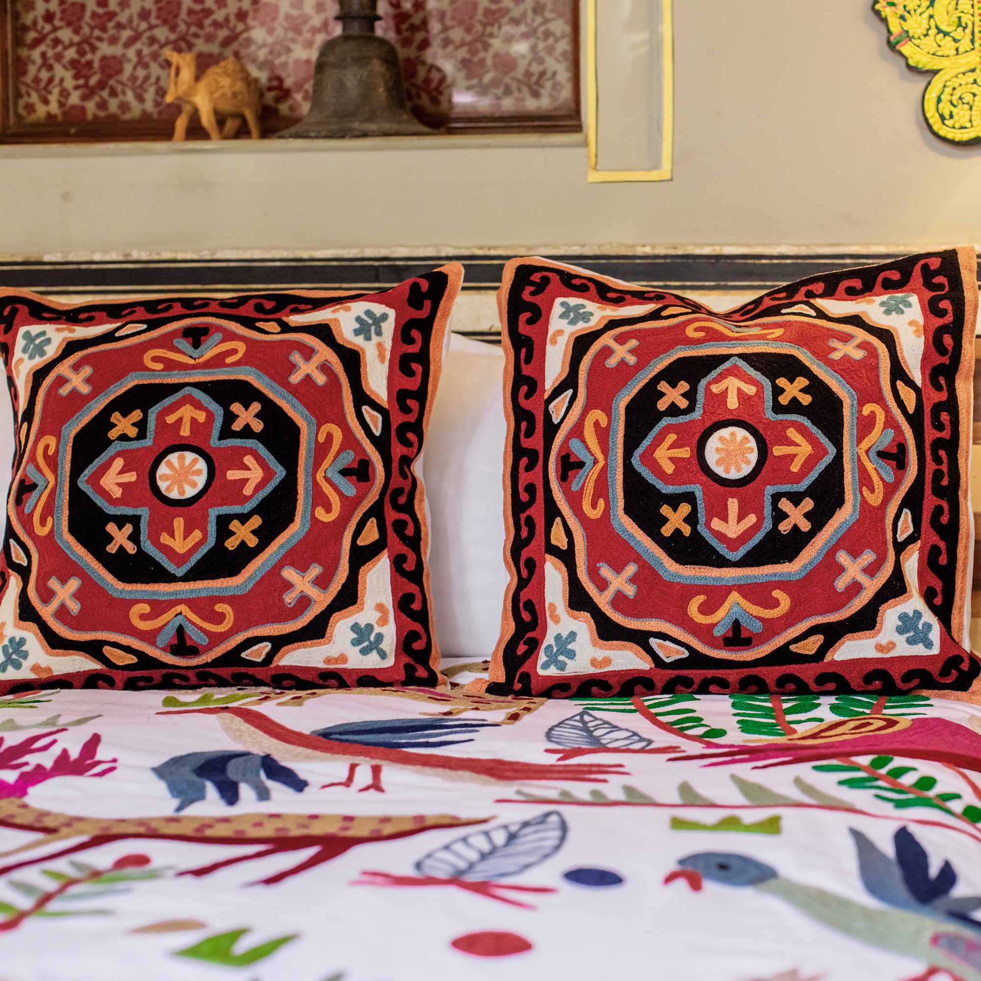 Embroidered Handwoven Cotton Cushion Covers Pair Modern Art