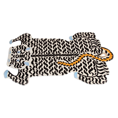 Wool area rug, 'Royal White Tiger' - Chain-Stitched Wool White Tiger Theme Rug from India