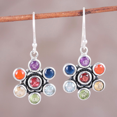 Multi-gemstone dangle earrings, 'Floral Balance' - Colorful Multi-Gemstone Floral Chakra Dangle Earrings