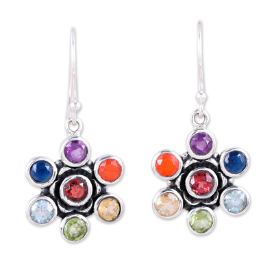 Multi-gemstone dangle earrings, 'Floral Balance' - colourful Multi-Gemstone Floral Chakra Dangle Earrings