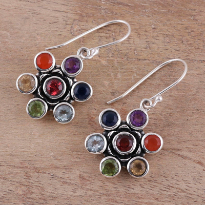 Multi-gemstone dangle earrings, 'Floral Balance' - colourful Multi-Gemstone Floral Chakra Dangle Earrings