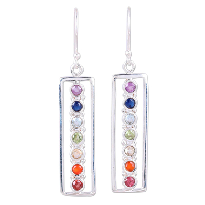 Multi-gemstone dangle earrings, 'Shimmering Chakra' - 925 Sterling Silver Multi-Gemstone Chakra Dangle Earrings