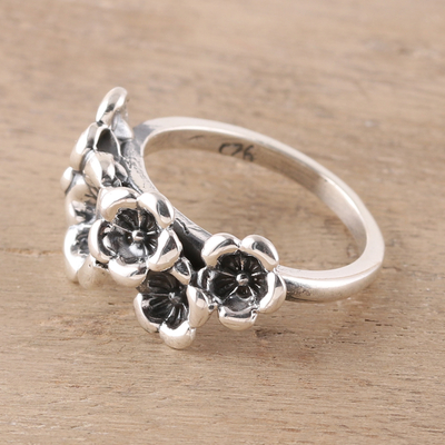 Sterling silver cocktail ring, 'Floral Contrast' - Combination Finish Sterling Silver Cocktail Ring from India