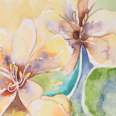 'Lily Enthrall I' - Signed Watercolor Painting of Yellow Lilies from India