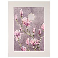 'Magnolia in Moonlight' - Pintura de magnolia rosa firmada de la India