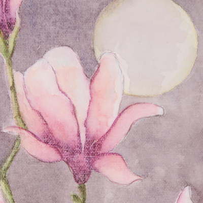 'Magnolia in Moonlight' - Signed Pink Magnolia Painting from India