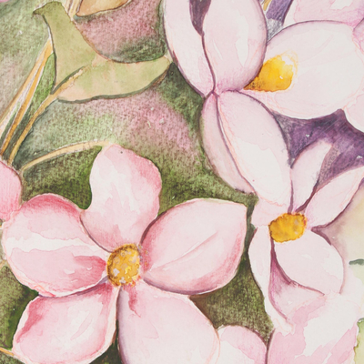 'Floral Bliss' - Signed Watercolor Painting of Pink Flowers from India