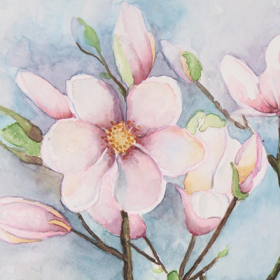 'Spring Blossoms' - Signed Still-Life Floral Watercolor Painting from India