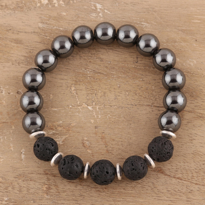 Hematite and lava stone beaded stretch bracelet, 'Magical Volcano' - Hematite and Lava Stone Beaded Stretch Bracelet from India