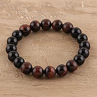 Onyx and tiger's eye beaded stretch bracelet, 'Evening Intrigue'