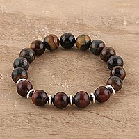Tiger's eye beaded stretch bracelet, 'Earth's Energy' - Red and Black Tiger's Eye Beaded Stretch Bracelet from India