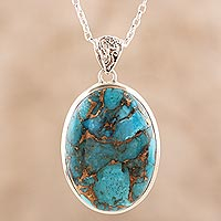 Sterling silver and composite turquoise pendant necklace, 'Glittering Island' - Oval Sterling Silver and Composite Turquoise Necklace