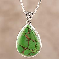 Sterling silver and composite turquoise pendant necklace, 'Green Teardrop' - Teardrop Green Composite Turquoise and Silver Necklace