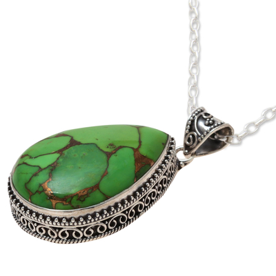 Sterling silver and composite turquoise pendant necklace, 'Green Bliss' - Teardrop Composite Turquoise and Sterling Silver Necklace
