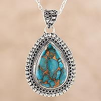Sterling silver and composite turquoise pendant necklace, 'Traditional Drops' - Teardrop Composite Turquoise Pendant Necklace from India