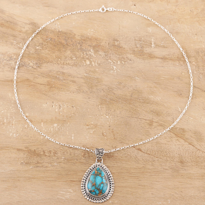 Sterling silver and composite turquoise pendant necklace, 'Traditional Drops' - Teardrop Composite Turquoise Pendant Necklace from India