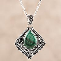 Malachite pendant necklace, 'Green Kite' - Natural Malachite and Sterling Silver Pendant Necklace