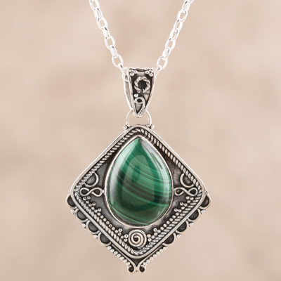 Natural Malachite and Sterling Silver Pendant Necklace - Green Kite | NOVICA