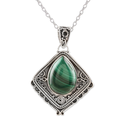 Malachite pendant necklace, 'Green Kite' - Natural Malachite and Sterling Silver Pendant Necklace