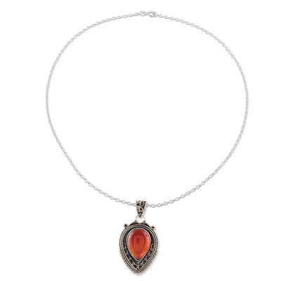 Carnelian pendant necklace, 'Red-Orange Drop' - Red-Orange Carnelian Teardrop Pendant Necklace from India