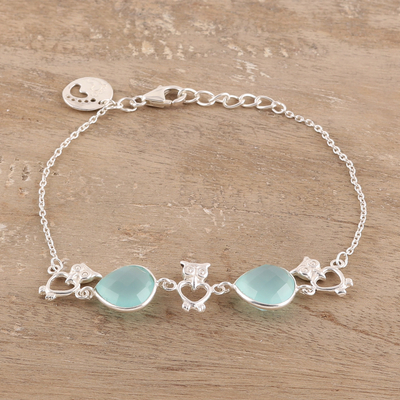 Chalcedony pendant bracelet, 'Owl Grace' - 8-Carat Blue Chalcedony Pendant Bracelet from India