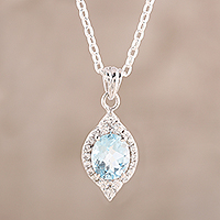 Rhodium plated blue topaz pendant necklace, 'Glistening Sky'