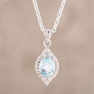 Rhodium plated blue topaz pendant necklace, Glistening Sky