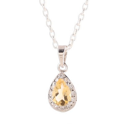 Rhodium plated citrine pendant necklace, 'Sparkling Yellow' - Rhodium Plated Citrine Pendant Necklace from India