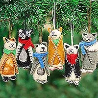 Curated gift set, 'Cat's Meow' - Curated Gift Set with 16 Hand-Embroidered Cat Ornaments