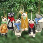 Wool ornaments, 'Cozy Kittens' (set of 6) - Embroidered Wool Cat Ornaments from India (Set of 6)