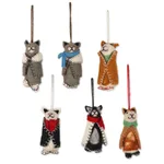 Wool ornaments, 'Cozy Kittens' (set of 6) - Embroidered Wool Cat Ornaments from India (Set of 6)
