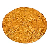 Jute area rug, 'Circular Beauty in Maize' (3 feet diameter)
