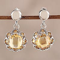 Rhodium plated citrine dangle earrings, 'Golden Glitter' - 4-Carat Rhodium Plated Citrine Dangle Earrings from India