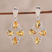 Rhodium plated citrine dangle earrings, 'Glittering Teardrops' - 8-Carat Rhodium Plated Citrine Dangle Earrings from India