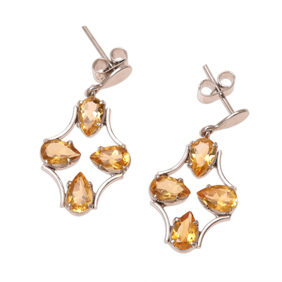 Rhodium plated citrine dangle earrings, 'Glittering Teardrops' - 8-Carat Rhodium Plated Citrine Dangle Earrings from India