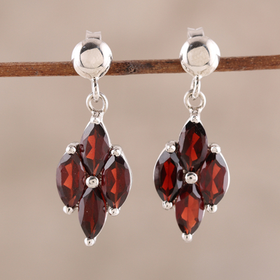 Rhodium plated garnet dangle earrings, 'Natural Charm' - 3-Carat Rhodium Plated Garnet Dangle Earrings from India