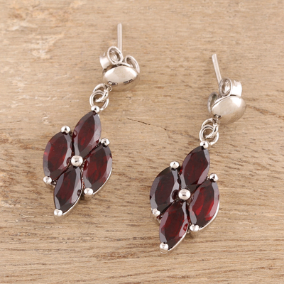 Rhodium plated garnet dangle earrings, 'Natural Charm' - 3-Carat Rhodium Plated Garnet Dangle Earrings from India