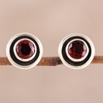 Garnet stud earrings, 'Framed Sparkle' - Circular Faceted Garnet Stud Earrings from India