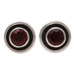 Garnet stud earrings, 'Framed Sparkle' - Circular Faceted Garnet Stud Earrings from India