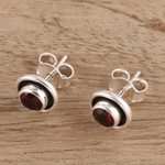 Garnet stud earrings, 'Framed Sparkle' - Circular Faceted Garnet Stud Earrings from India