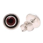 Garnet stud earrings, 'Framed Sparkle' - Circular Faceted Garnet Stud Earrings from India