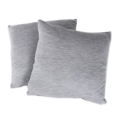 Knit cushion covers, 'Grey Stripes' (pair) - Striped Knit Cushion Covers in Grey from India (Pair)