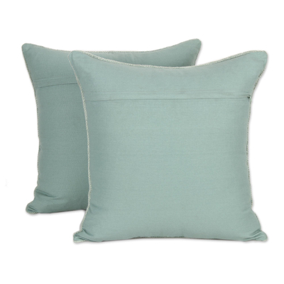 Cotton cushion covers, 'Classic Squares in Mint' (pair) - Handwoven Cotton Cushion Covers in Mint from India (Pair)