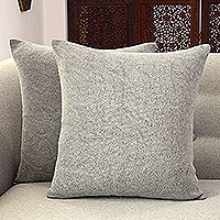 Cotton cushion covers, 'Classic Squares in Ash' (pair) - Handwoven Cotton Cushion Covers in Ash from India (Pair)
