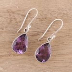 Amethyst dangle earrings, 'Purple Glimmer' - 9-Carat Teardrop Amethyst Dangle Earrings from India