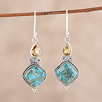 Citrine dangle earrings, 'Teardrop Harmony' - Teardrop Citrine and Turquoise Dangle Earrings from India