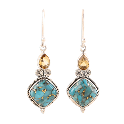 Teardrop Citrine and Turquoise Dangle Earrings from India