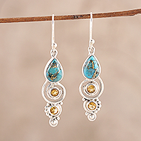 Citrine dangle earrings, 'Glistening Curl' - Citrine and Composite Turquoise Dangle Earrings from India