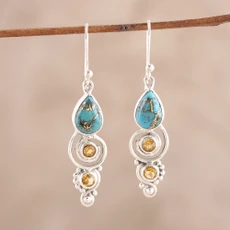 Citrine and Composite Turquoise Dangle Earrings from India, 'Glistening Curl'