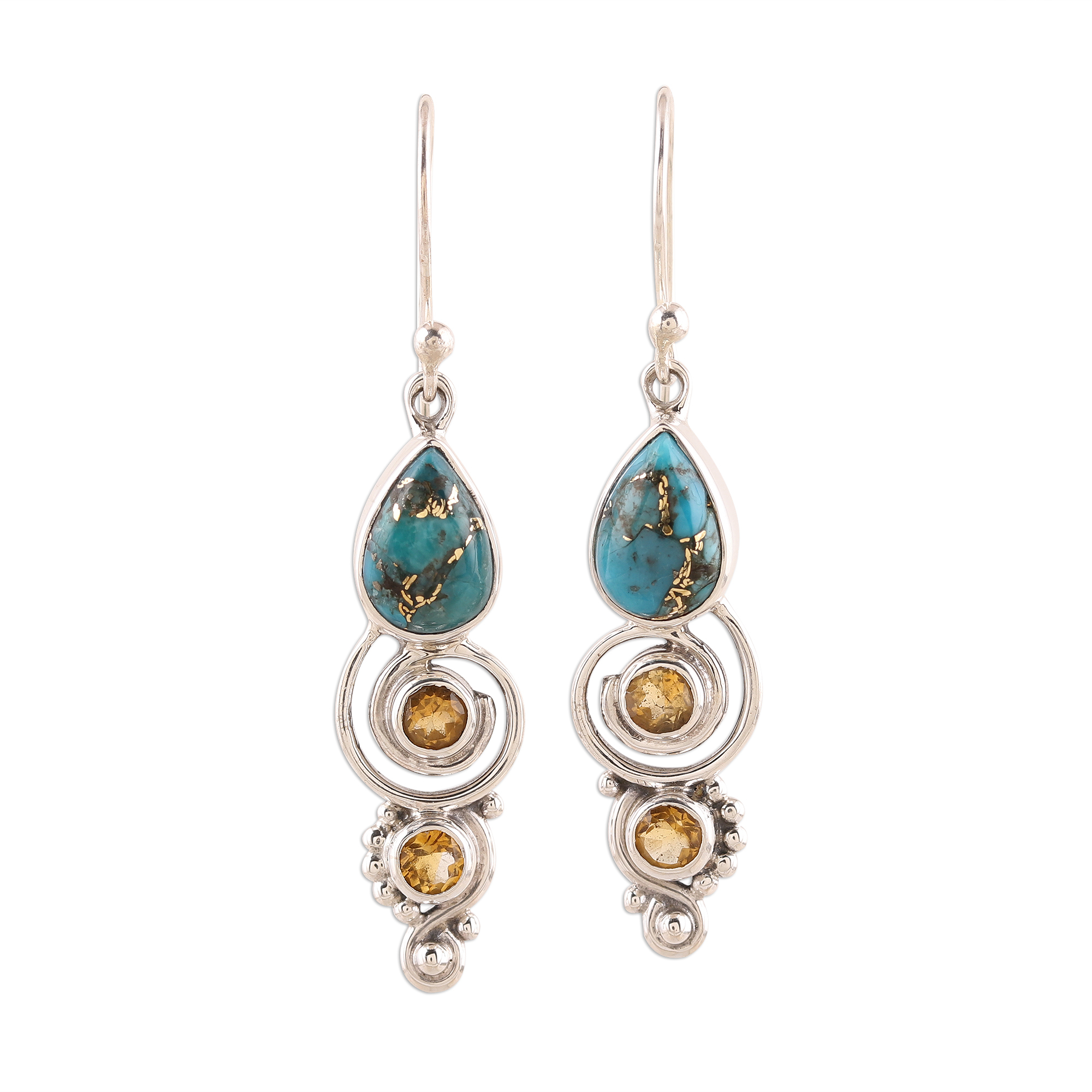 Glistening Curl,'Citrine and Composite Turquoise Dangle Earrings from India